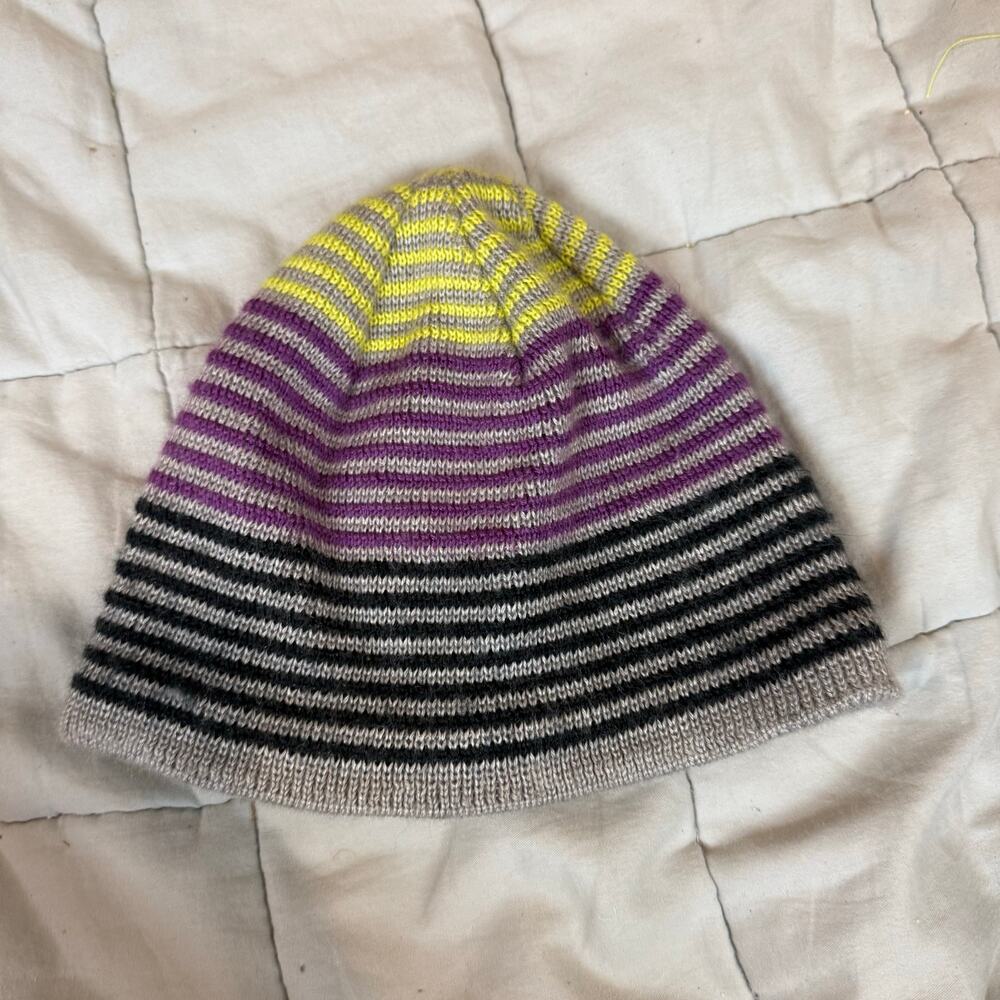 Lands' End Stripe Beanie Hat Wool Blend Gray Yellow Black Purple One Size
